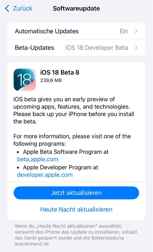 多伦苹果手机维修分享苹果 iOS / iPadOS 18 开发者预览版 Beta 8 发布 